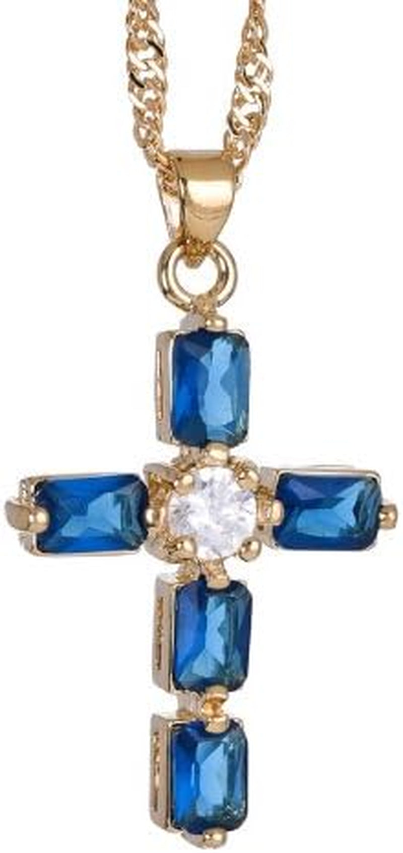 Cross Pendant with 18" Chain & Rectangular Cut CZ [6 Colors Available] in Yellow Gold Plated, Simple Modern Elegant