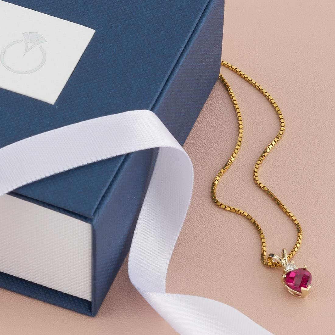 14K Yellow Gold Created Ruby with Genuine Diamond Pendant for Women, Heart Shape Solitaire, 6Mm, 1 Carat Total, Women Gift Ideas W/Jewelry Box, Sparkling V-Day Gift