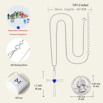 Women'S Cross Necklace 925 Sterling Silver Crucifix Pendant Heart Cut Birthstone Criss Jewelry