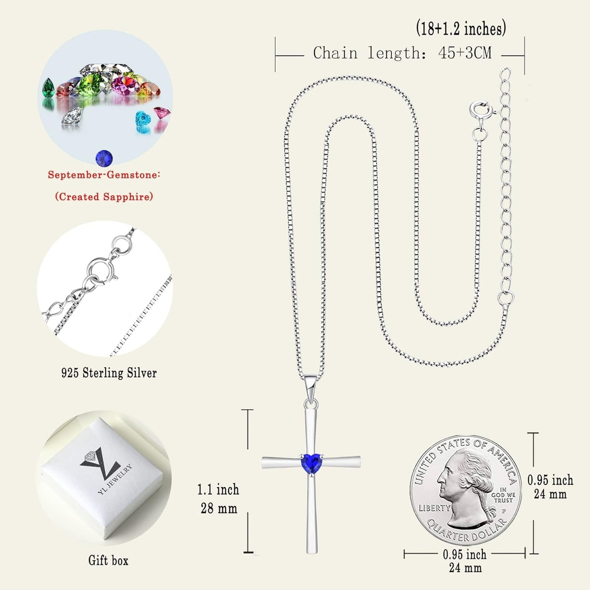 Women'S Cross Necklace 925 Sterling Silver Crucifix Pendant Heart Cut Birthstone Criss Jewelry