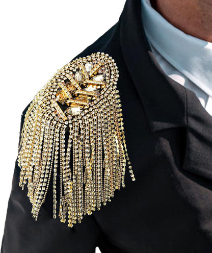 2 Pack Tassel Shoulder Epaulette, Punk Metal Cosplay Ringmaster Shoulder Pads Epaulet with Pins, Gold Rhinestone Beaded Diamond Shoulder Boards Badge Brooch for Men Women Uniform Costume