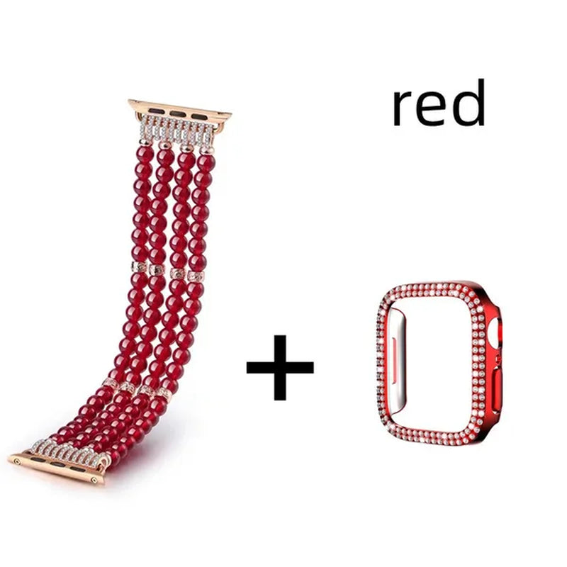 Diamond Case + Pearl Strap for apple watch strap 40mm 44mm 41mm 45mm 38mm 42mm 40mm iWatch series 3 4 5 6 se 7 strap