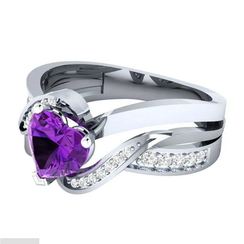 Fashion Heart Cut Purple Natural Amethyst & Diamond Ring Jewelry for Women