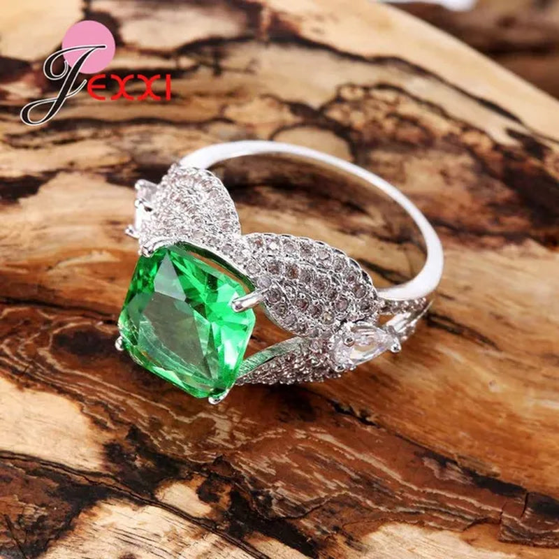 New Arrival Square Green Crystal Wedding Engagement Ring with Clear Cubic Zirconia Women 925 Sterling Silver Party Rings