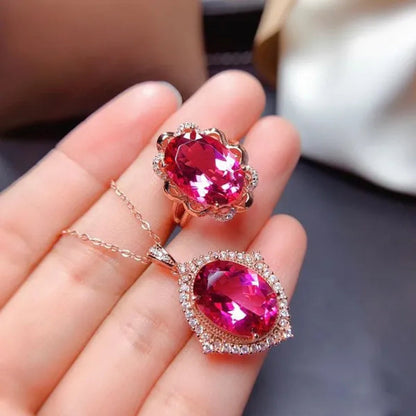 Newest Design Gemstone Jewelry Gold-plated South Africa Zircon AAA  Ellipse Red Tourmaline Necklace Pendant Opening Adjustable Ring Set for Women