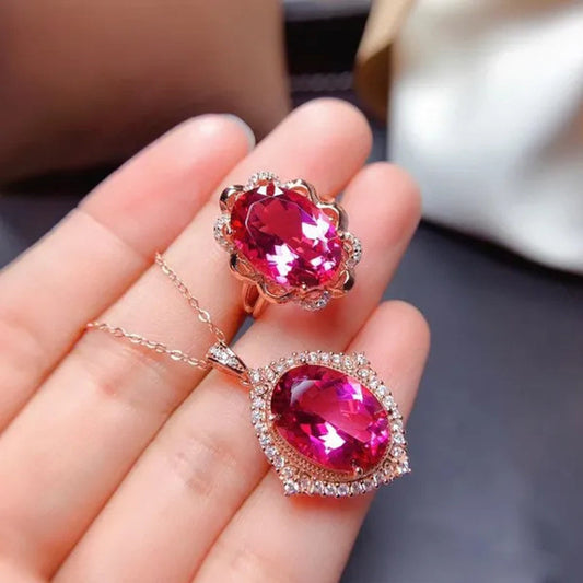 Newest Design Gemstone Jewelry Gold-plated South Africa Zircon AAA  Ellipse Red Tourmaline Necklace Pendant Opening Adjustable Ring Set for Women