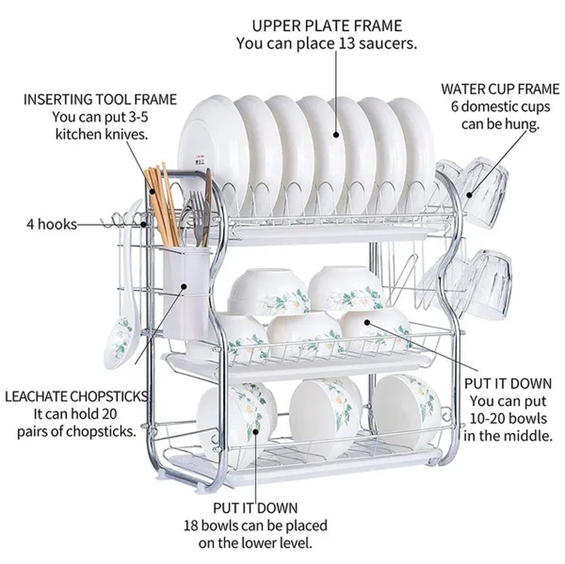 Dish Drying Rack 3-Tier Dish Drainer Rack Kitchen Storage with Drainboard and Cutlery Cup Dish Shelf Tableware Holder