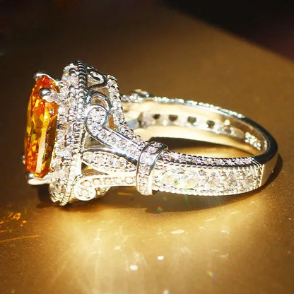 Luxurious  Silver Natural Gemstones Yellow Diamond Topaz Wedding Birthstone Bride Flower Engagement Ellipse Ring Jewelry Size 678910