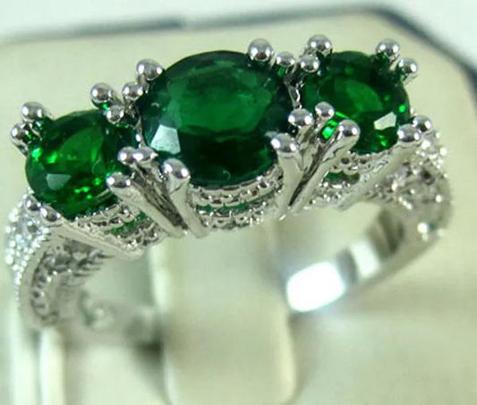 925 Sterling Silver Three Stone Emerald Ruby Sapphire Wedding Piercing Ring