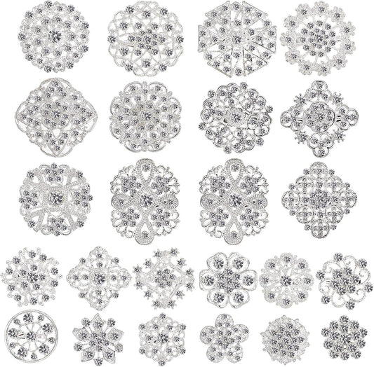 Lot 24 Pcs Crystal Brooches Pins, Silver Shining Clear Rhinestone Brooches Flower Jewelry Bridal Wedding Bouquet Kit Gift for Girls, Women, DIY Decoration