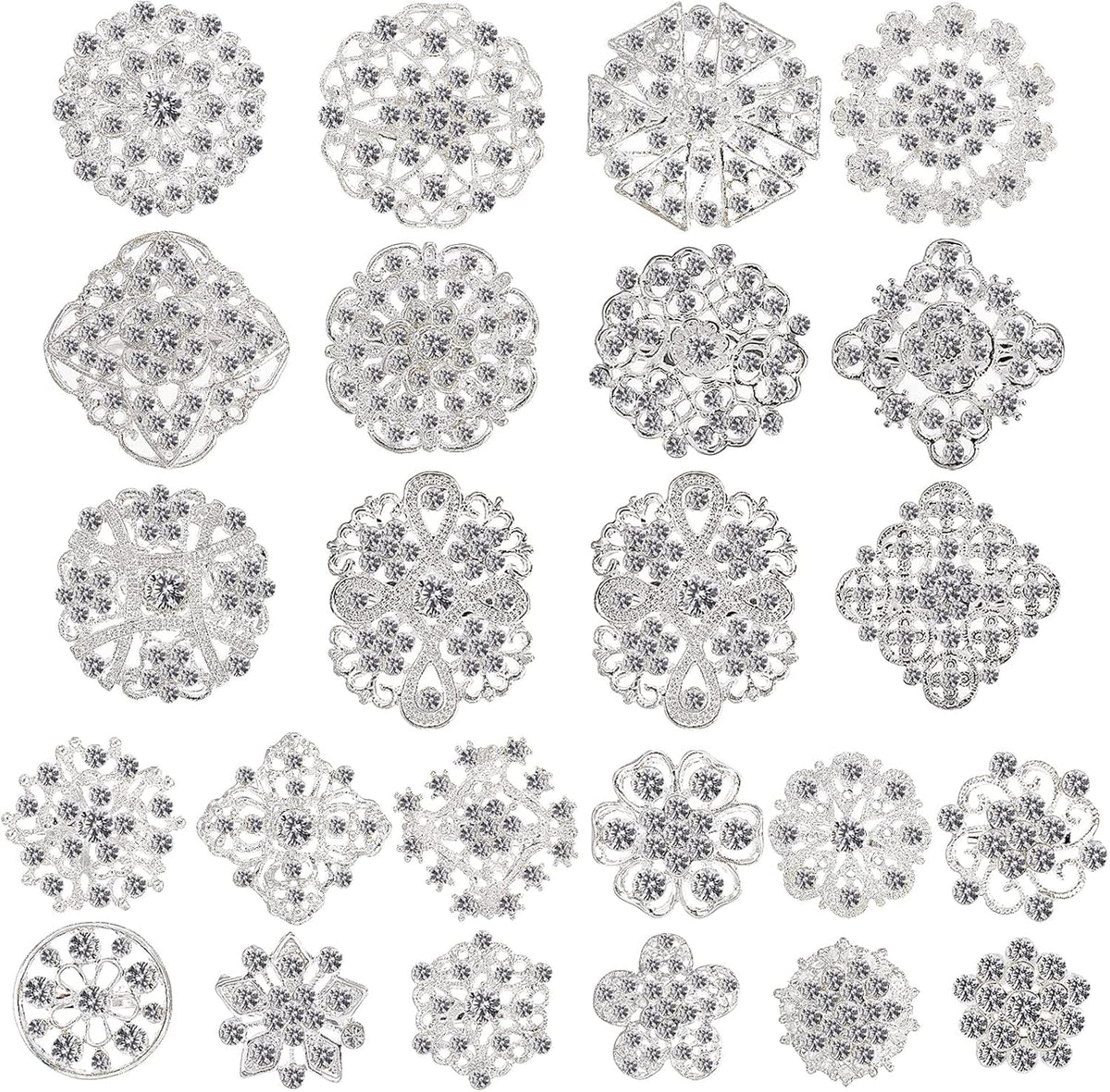 Lot 24 Pcs Crystal Brooches Pins, Silver Shining Clear Rhinestone Brooches Flower Jewelry Bridal Wedding Bouquet Kit Gift for Girls, Women, DIY Decoration