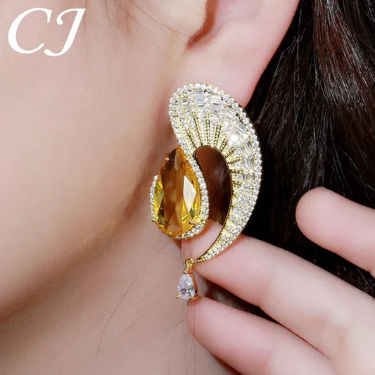 CANDICE Gorgeous 18K Gold Plated Inlay Pear Cut Citrine Stone Big Geometric Stud Earrings Jewelry for Female Dress Accessories
