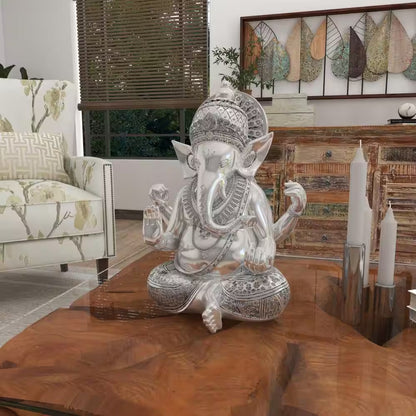 Silver Polystone Meditating Ganesh Sculpture with Engraved Carvings and Relief Detailing