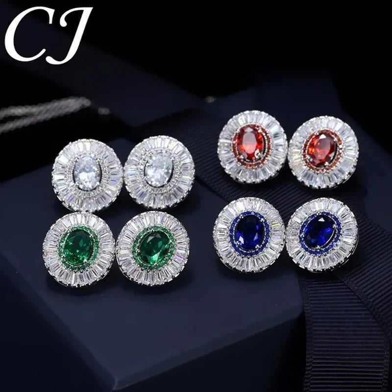 CANDICE Classic Round Blue CZ Stone Party Jewelry Sets For Women Elegant Blue Cubic Zirconia Stud Earrings And Necklace 2 Piece Set