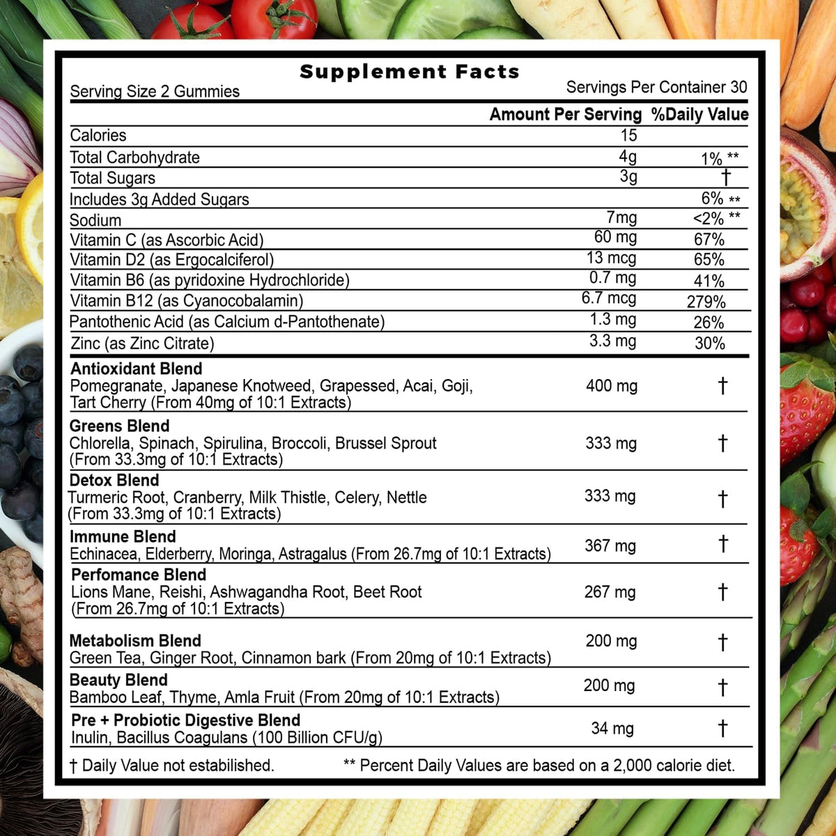 Superfood Fruits and Veggies Gummies (120 Chews), 12+ Superfruits & 30 Veggies, Fruit & Herbs, Fruit and Vegetable Vitamins, Non-Gmo, Pectin-Based, Gluten-Free