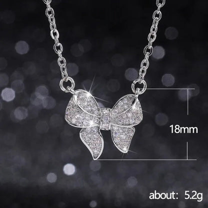 New Fashion Elegant Silver Plated Bow Knot Diamond Pendant Neckalce Engagement Clavicle Necklace for Women Simple Temperament Wedding Anniversary Jewelry Accessory