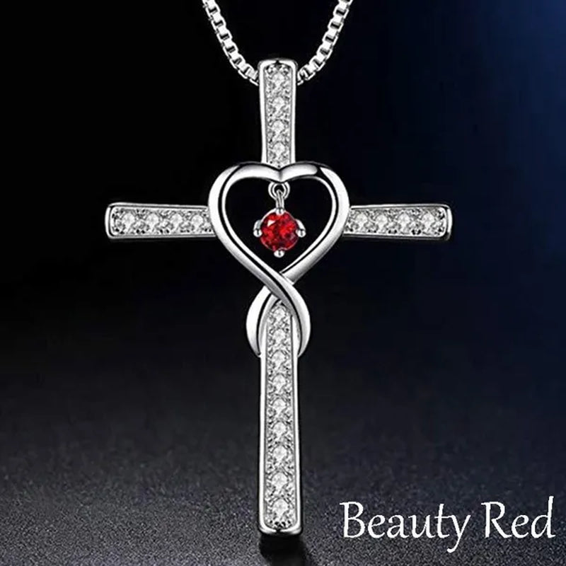 Infinity Love God We Trust Christian Cross Birthstone Diamond Rhinestone Pendant Necklace Birthday Gifts Jewelry For Women Christmas Girls