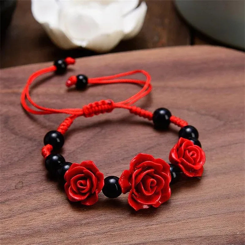 1/3pcs Fashion Women Rose Bracelet Ethnic Handicraft Lacquer Carved Cinnabar Rose Flower Bracelet For Women Red Rope Beaded Bracelet