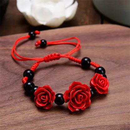 1/3pcs Fashion Women Rose Bracelet Ethnic Handicraft Lacquer Carved Cinnabar Rose Flower Bracelet For Women Red Rope Beaded Bracelet