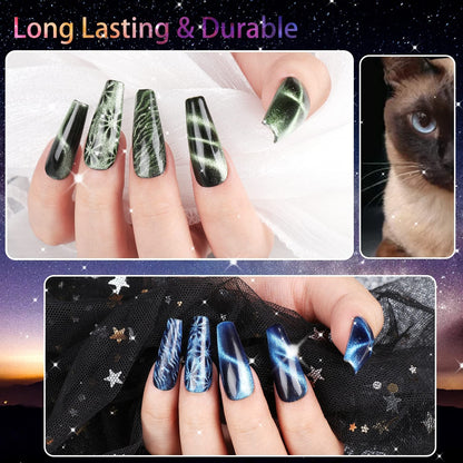 Cat Eye Gel Nail Polish Set of 12 Colors Magnetic Nail Polish Set Holographic Glitter 9D Galaxy Series Cat Eye Gel Polish Set with 2 Magnet Stick for Home DIY Soak Off UV LED