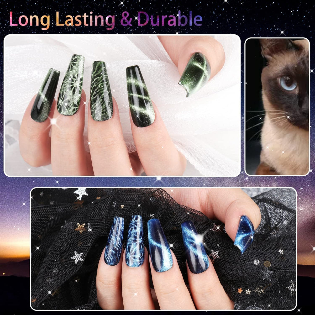12 Colors Cat Eye Gel Nail Polish Set Not Black Magnetic Nail Polish Set Holographic Glitter 9D Galaxy Series Cat Eye Gel Polish Set with 2 Magnet Stick for Home DIY Soak off UV LED