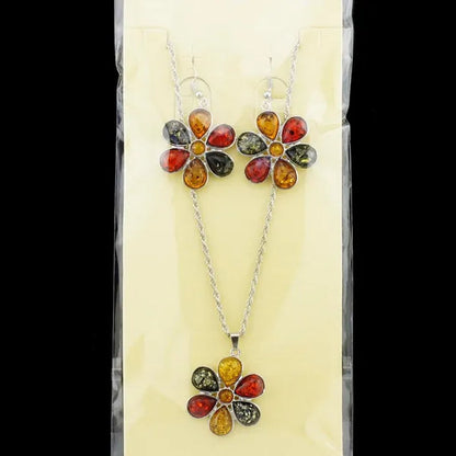 Colorful Baltic Amber Honey Flower Earrings 18k Platinum Plated Necklace Women's Wedding Jewelry Set
