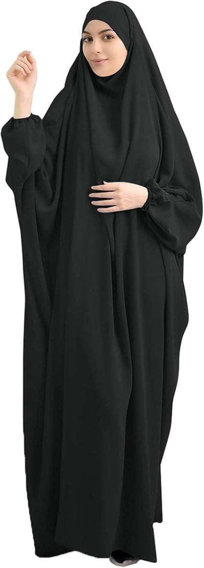 Women Muslim One-Piece Loose Full Cover Long Dress One-Size Overall Hijab Thobe Hooded Dress