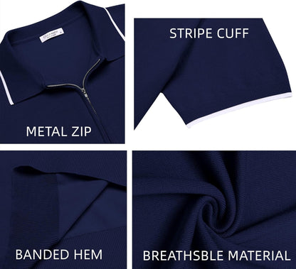 Men'S Zipper Polo Shirt Casual Knit Short Sleeve Polo T Shirt Classic Fit Shirts