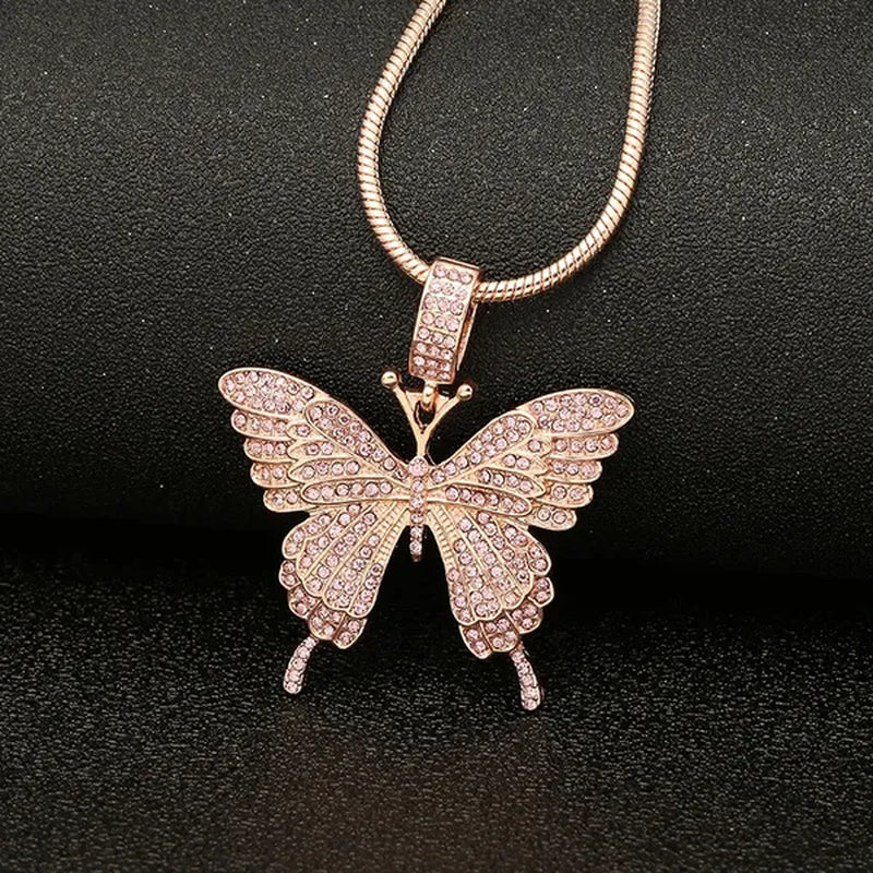 Colorful butterfly pendant necklace set with diamond alloy, snake chain, hip hop necklace for men and women