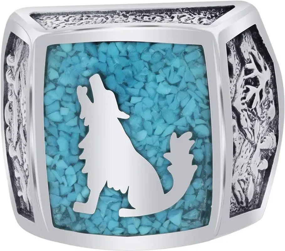 Mens Southwestern Style Turquoise Gemstone Inlay Howling Wolf Sterling Silver Ring