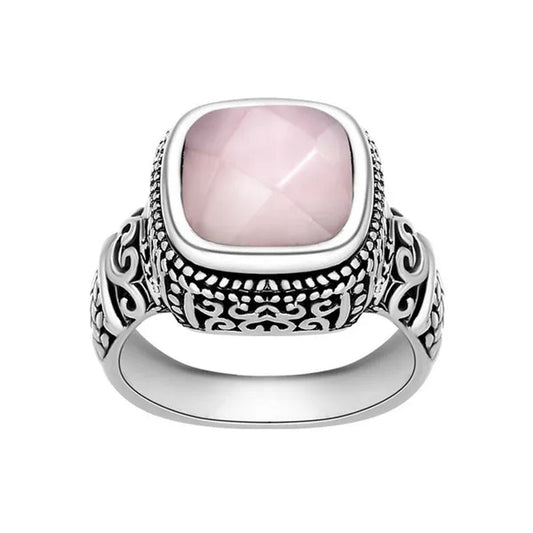 Antique Silver Rose Quartz Gemstone Square Rope Edge Vintage Band Ring Size 5 6 7 8 9 10 11 12