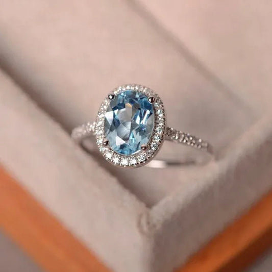 Brilliant Oval Aquamarine White Diamond Halo Ring 18K White Gold Bride Promise Wedding Engagement Jewelry Gifts