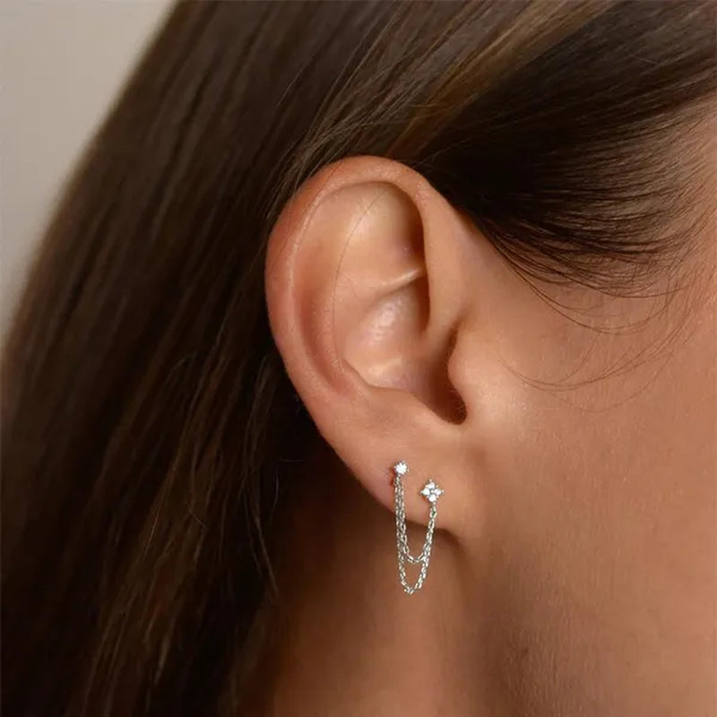 Double Ear Piercing Diamond Stud Earrings Chain Earrings for Women Wedding Party Fashion Temperament Jewelry Gift