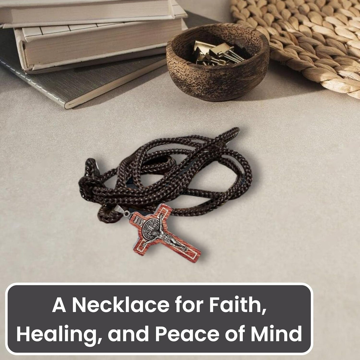 Saint Benedict Medal Wood Crucifix Cord Necklace for Men & Women – Handcrafted Religious Pendant, Healing, Travel Protection, Perfect for Gifting on Special Occasions, Made in Brazil