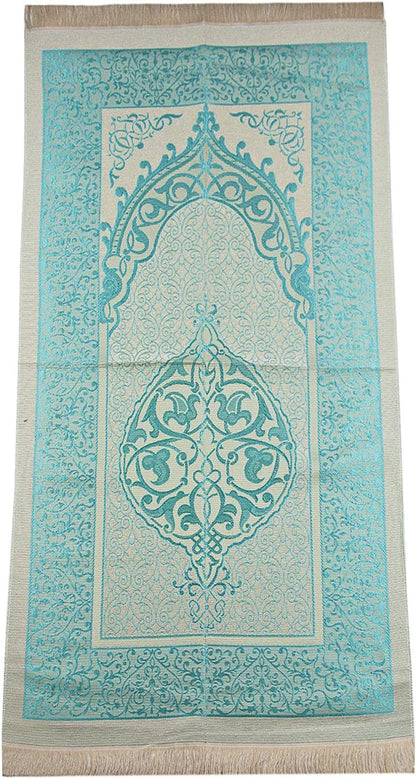 Muslim Prayer Rug and Prayer Beads with Elegant Cylinder Gift Box | Janamaz | Sajadah | Soft Islamic Prayer Rug | Islamic Gifts Set | Prayer Carpet Mat, Taffeta Fabric, Blue