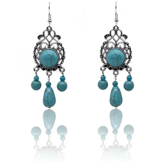 Retro Carved Turquoise Earrings Europe Exaggerated Sapphire Earrings Bohemian Pierced Earrings