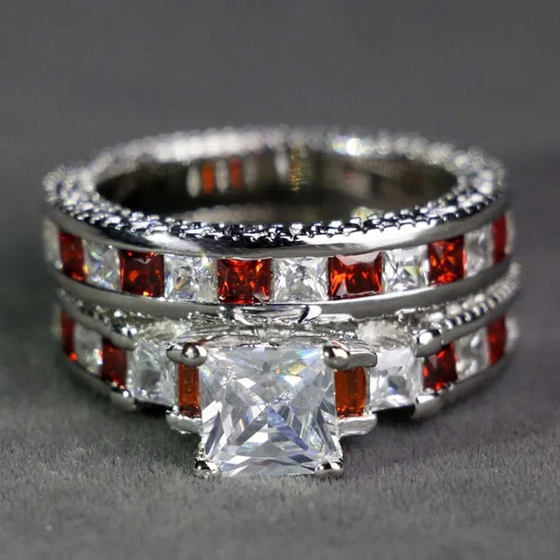 Two Rings Couple Ring His Hers Three-stone Ring White Gold Plated Ruby CZ Womens Ring Sets Wood Tungsten Steel Men's Ring
