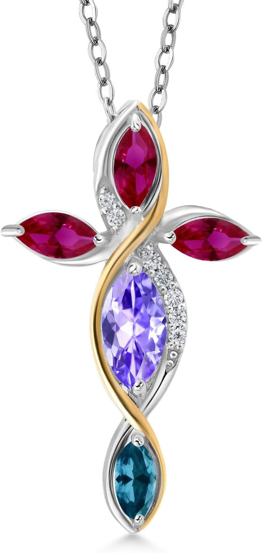 Cross Necklace for Women in 925 Silver and 10K Yellow Gold with Tanzanite and Created Ruby and London Blue Topaz | 1.61 Cttw | Jesus Christian Religious Crucifix | Marquise 8X4MM | with 18 Inch Chain