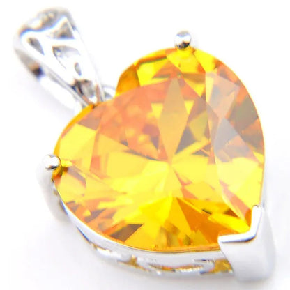 Excellent Shine Heart Fire Royal Citrine Yellow Cubic Zirconia Gems Silver Pendant Necklace