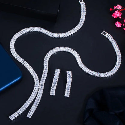 Gloriya Baguette Cut Cubic Zirconia Evening Jewelry Set Blue Stone Wedding Tennis Necklace and Drop Earrings for Brides