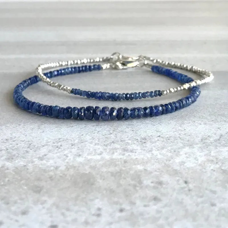 2pcs Real Blue Sapphire Bracelet | Fine Silver Bead Bracelet | Genuine Sapphire Jewelry for Women, Men | September Birthstone