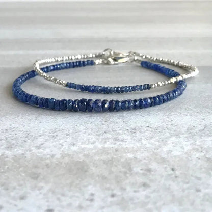 2pcs Real Blue Sapphire Bracelet | Fine Silver Bead Bracelet | Genuine Sapphire Jewelry for Women, Men | September Birthstone