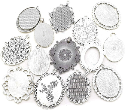 10 Pendant Trays, 30X40Mm, Blank Oval Cabochons Base Setting Bezel Frame Metal Cameo for Photo Pendant Jewelry Making (Antique Silver-Hm278)