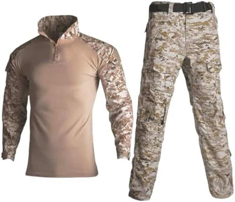 Military Uniform, Camo Long Sleeve Shirt Men & G3 Combat Pants with Knee Pads, Fishing, Hunting, Paintball, Airsoft Clothes
