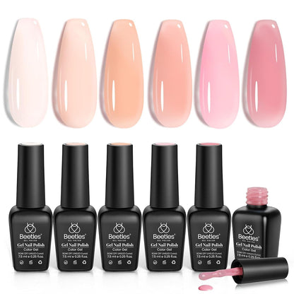 Beetles Gel Nail Polish Set, 6 Colors Jelly Gel Polish Nude Pink Gel Neutral Nail Art Design Translucent Gel Nail Kits Soak Off Uv Nail Lamp Cured Nail Manicure DIY Home for Women