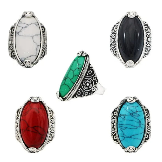 Wholesaler Lot 5pcs Bohemian Wave Sapphire Ring Retro Turquoise White Black Red Green Blue Ring Women Jewelry