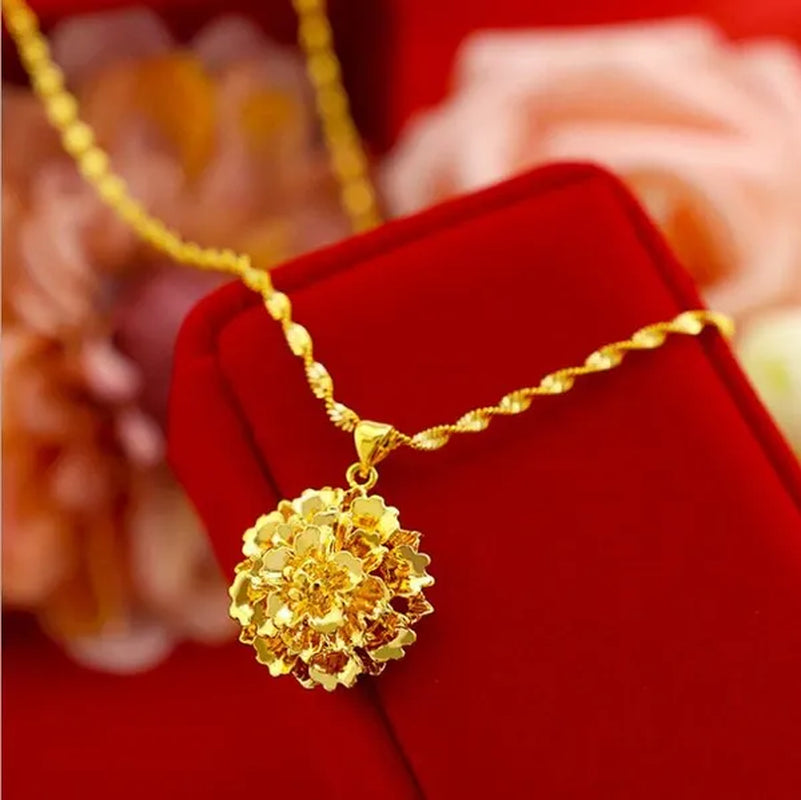 Women Wedding Jewelry Real 18 K Gold Flower Design Pendant Chain Necklace 16-30 Inch （Water Wave Chain）
