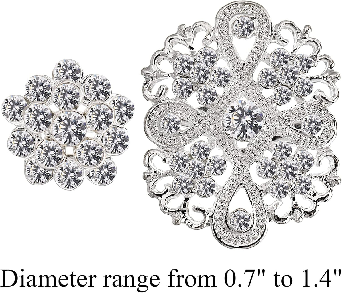 Lot 24 Pcs Crystal Brooches Pins, Silver Shining Clear Rhinestone Brooches Flower Jewelry Bridal Wedding Bouquet Kit Gift for Girls, Women, DIY Decoration