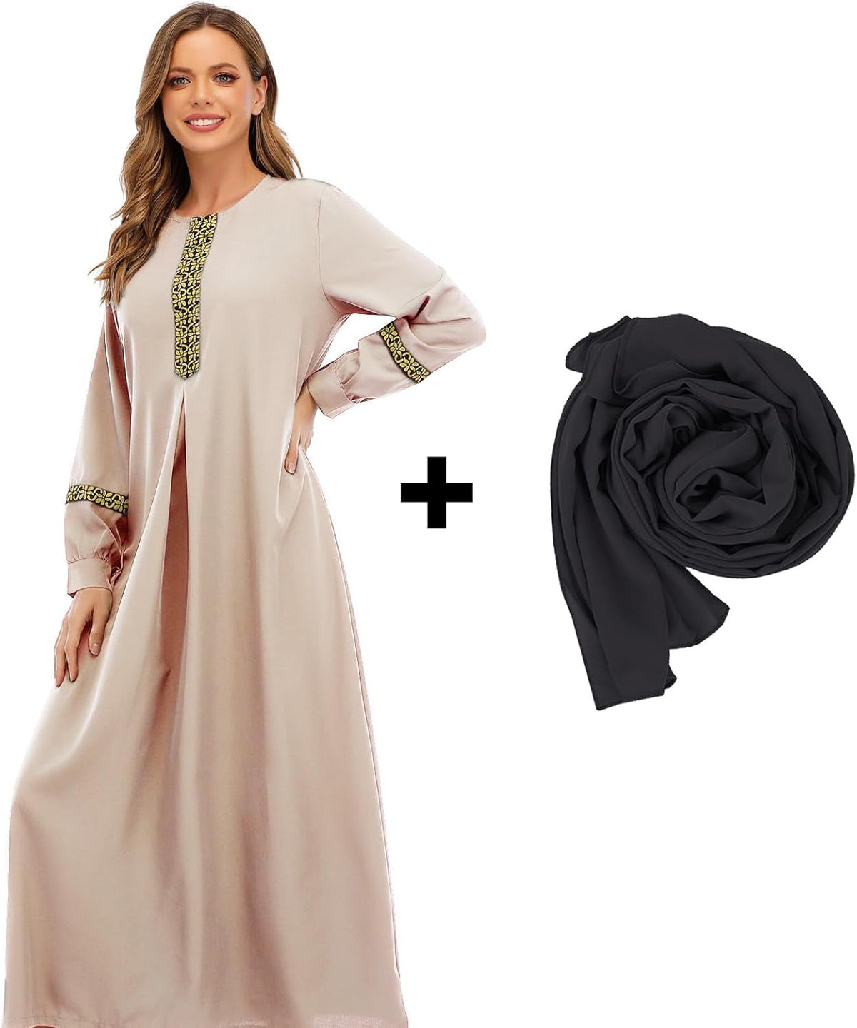 Womens Long Sleeve Ethnic Style Zipper Muslim Dresses Abaya with Hijabs