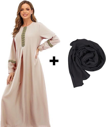 Womens Long Sleeve Ethnic Style Zipper Muslim Dresses Abaya with Hijabs